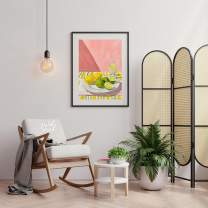 This still life painting captures a refreshing arrangement of citrus fruits against a backdrop of s… for living room