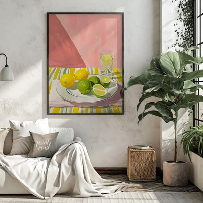 This still life painting captures a refreshing arrangement of citrus fruits against a backdrop of s… for living room
