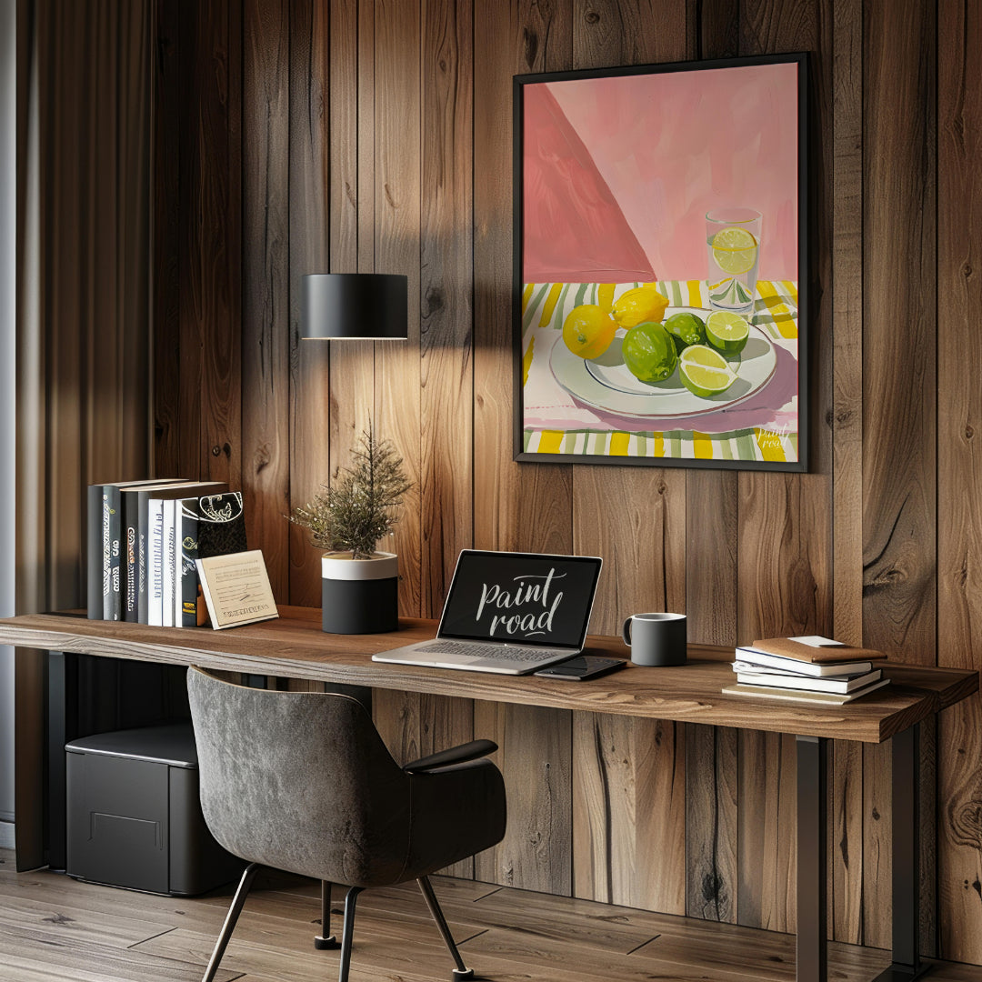 This still life painting captures a refreshing arrangement of citrus fruits against a backdrop of s… for office