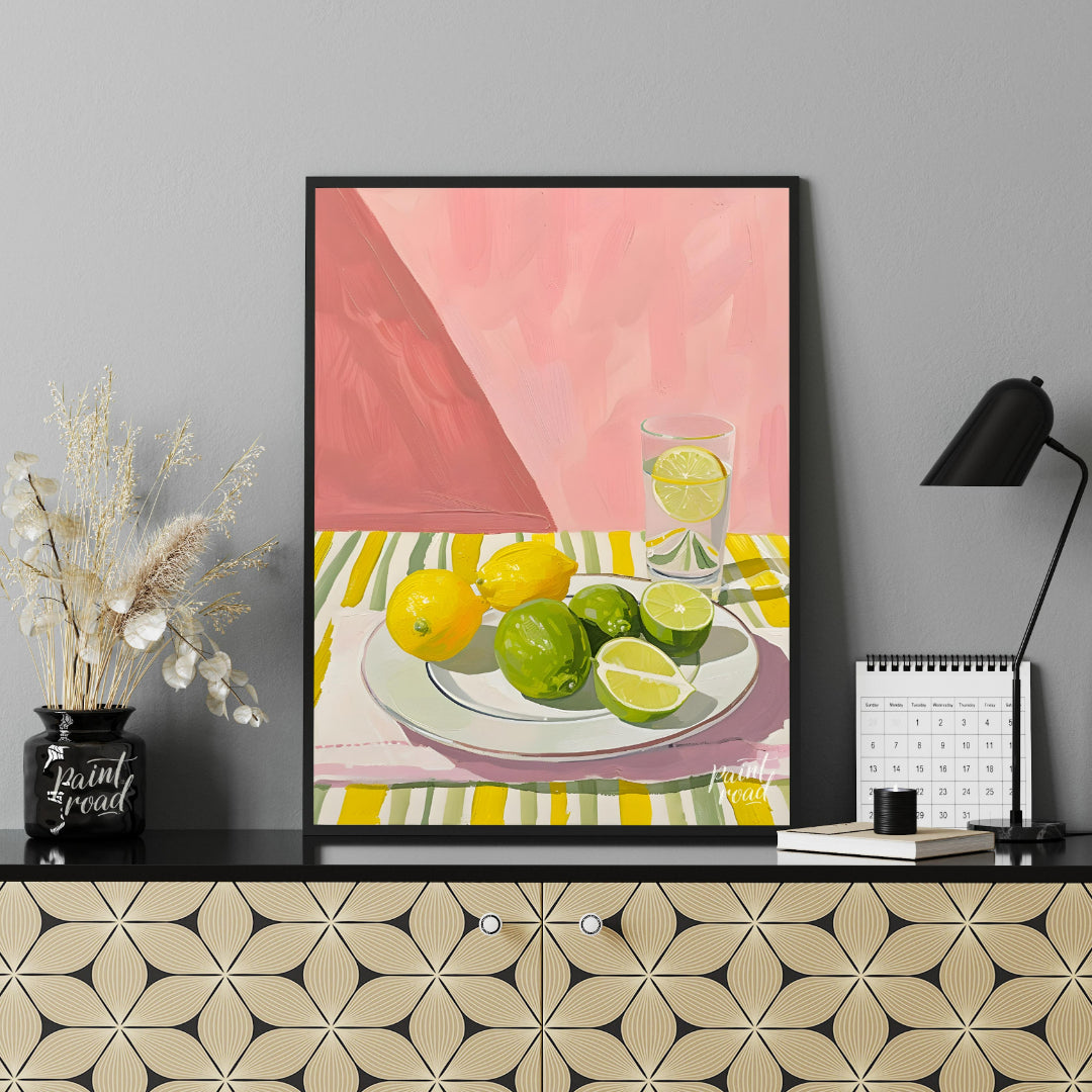 This still life painting captures a refreshing arrangement of citrus fruits against a backdrop of s… for office