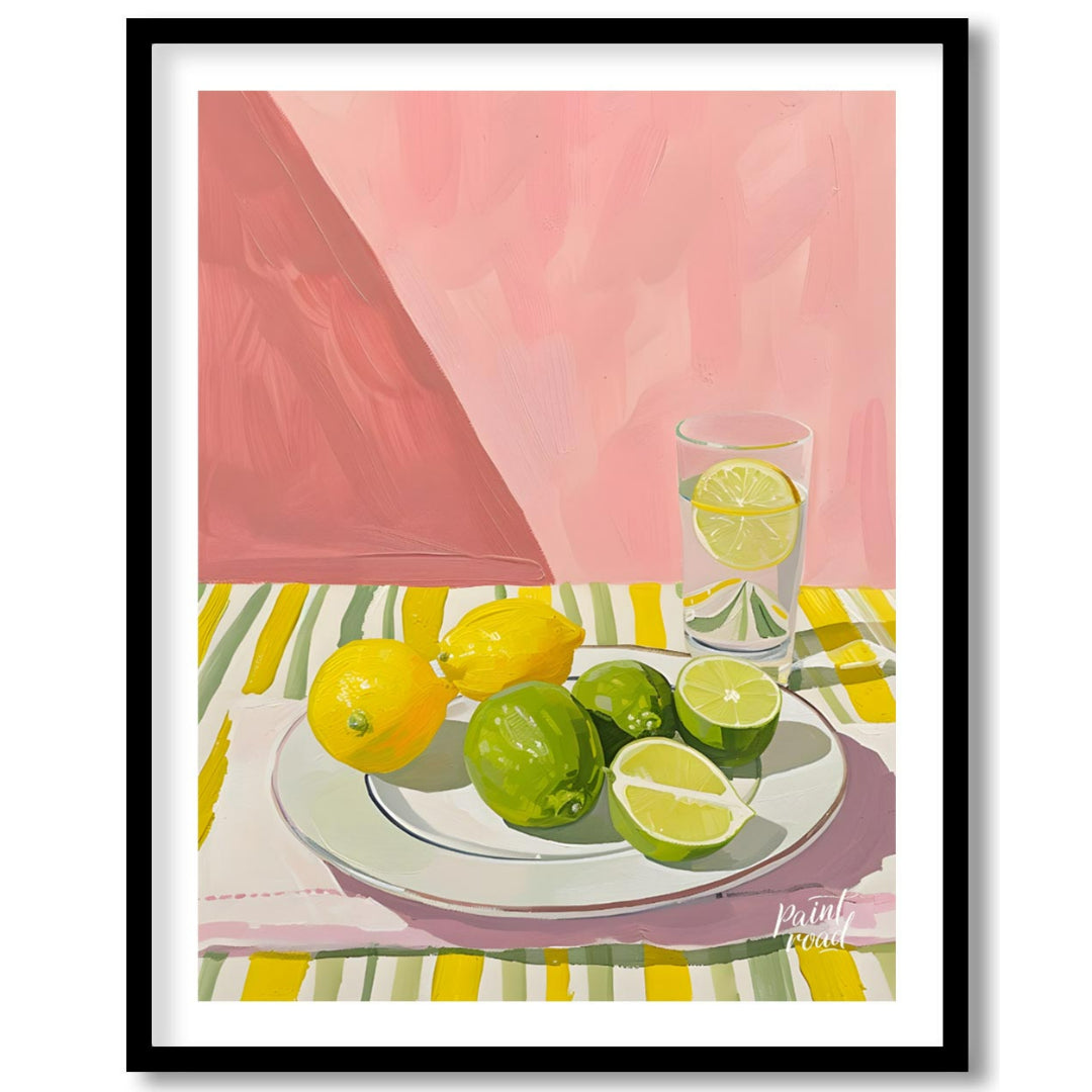 This still life painting captures a refreshing arrangement of citrus fruits against a backdrop of s… for sweet home