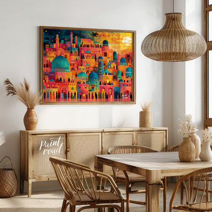 This vibrant art depicts a vibrant, fantastical cityscape teeming with life and illuminated by a da… for dining room