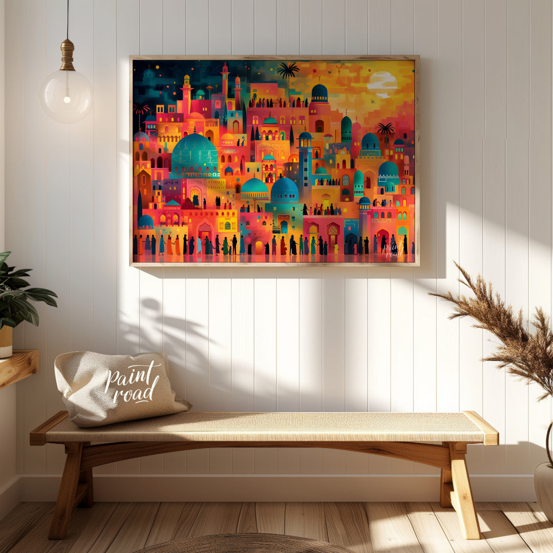This vibrant art depicts a vibrant, fantastical cityscape teeming with life and illuminated by a da… for entryway