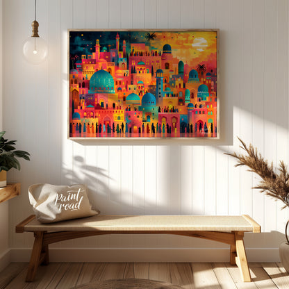 This vibrant art depicts a vibrant, fantastical cityscape teeming with life and illuminated by a da… for entryway