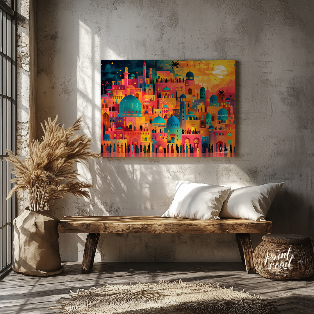 This vibrant art depicts a vibrant, fantastical cityscape teeming with life and illuminated by a da… for entryway