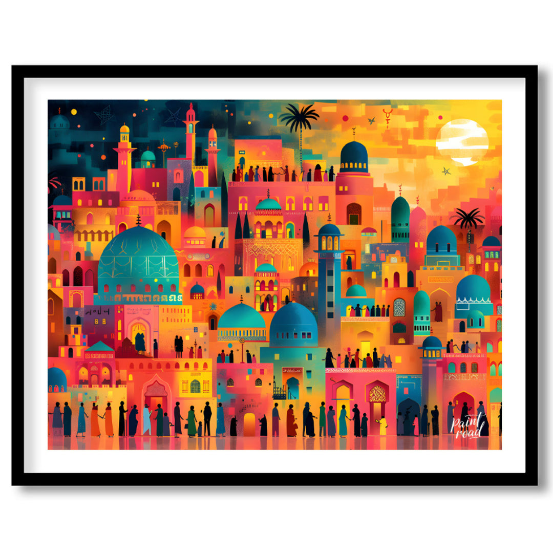 This vibrant art depicts a vibrant, fantastical cityscape teeming with life and illuminated by a da… for house