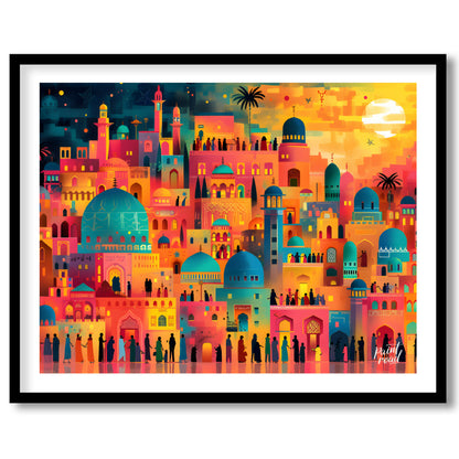This vibrant art depicts a vibrant, fantastical cityscape teeming with life and illuminated by a da… for house