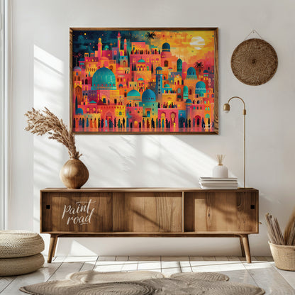 This vibrant art depicts a vibrant, fantastical cityscape teeming with life and illuminated by a da… for living room