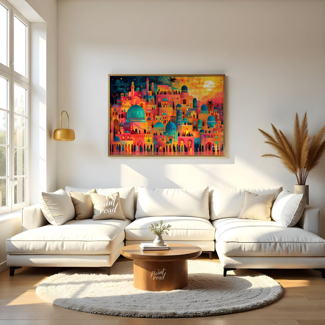 This vibrant art depicts a vibrant, fantastical cityscape teeming with life and illuminated by a da… for living room