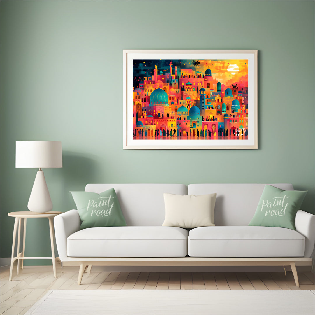 This vibrant art depicts a vibrant, fantastical cityscape teeming with life and illuminated by a da… for living room