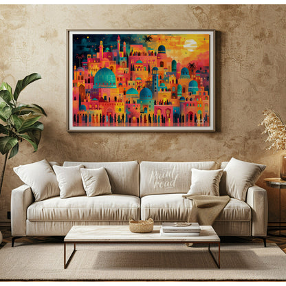 This vibrant art depicts a vibrant, fantastical cityscape teeming with life and illuminated by a da… for living room
