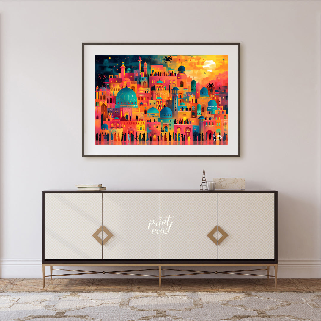 This vibrant art depicts a vibrant, fantastical cityscape teeming with life and illuminated by a da… for living room