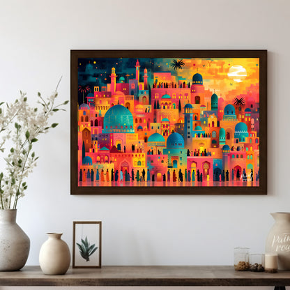 This vibrant art depicts a vibrant, fantastical cityscape teeming with life and illuminated by a da… for living room