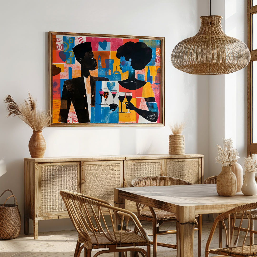 A vibrant and dynamic artwork depicting a couple enjoying a romantic evening in a bustling city. Th… for dining room