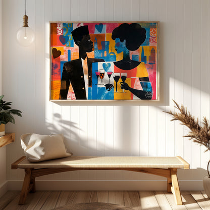 A vibrant and dynamic artwork depicting a couple enjoying a romantic evening in a bustling city. Th… for entryway