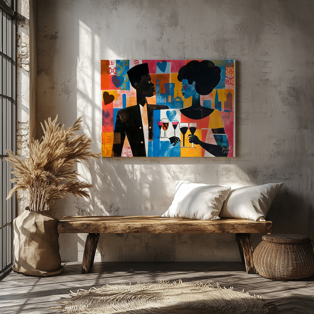 A vibrant and dynamic artwork depicting a couple enjoying a romantic evening in a bustling city. Th… for entryway