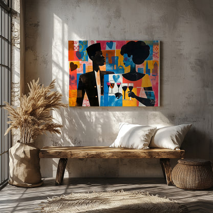 A vibrant and dynamic artwork depicting a couple enjoying a romantic evening in a bustling city. Th… for entryway