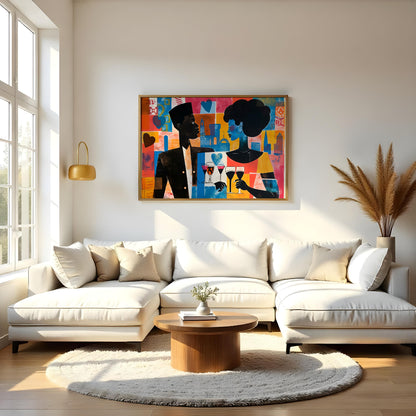 A vibrant and dynamic artwork depicting a couple enjoying a romantic evening in a bustling city. Th… for living room