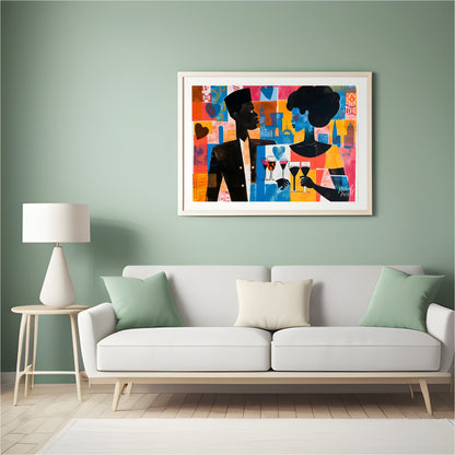 A vibrant and dynamic artwork depicting a couple enjoying a romantic evening in a bustling city. Th… for living room