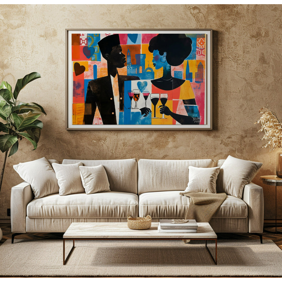 A vibrant and dynamic artwork depicting a couple enjoying a romantic evening in a bustling city. Th… for living room