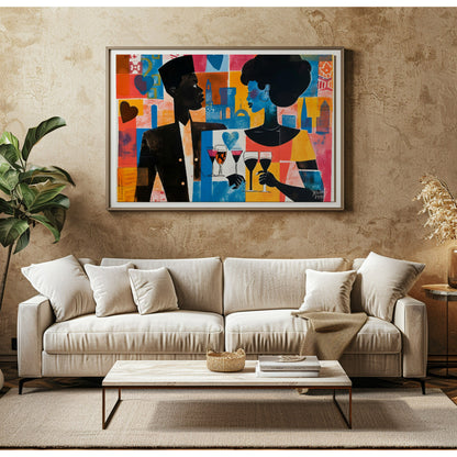 A vibrant and dynamic artwork depicting a couple enjoying a romantic evening in a bustling city. Th… for living room