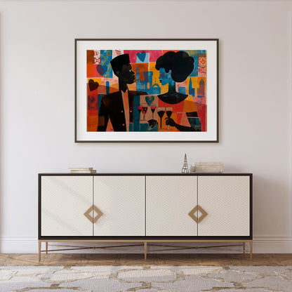 A vibrant and dynamic artwork depicting a couple enjoying a romantic evening in a bustling city. Th… for living room