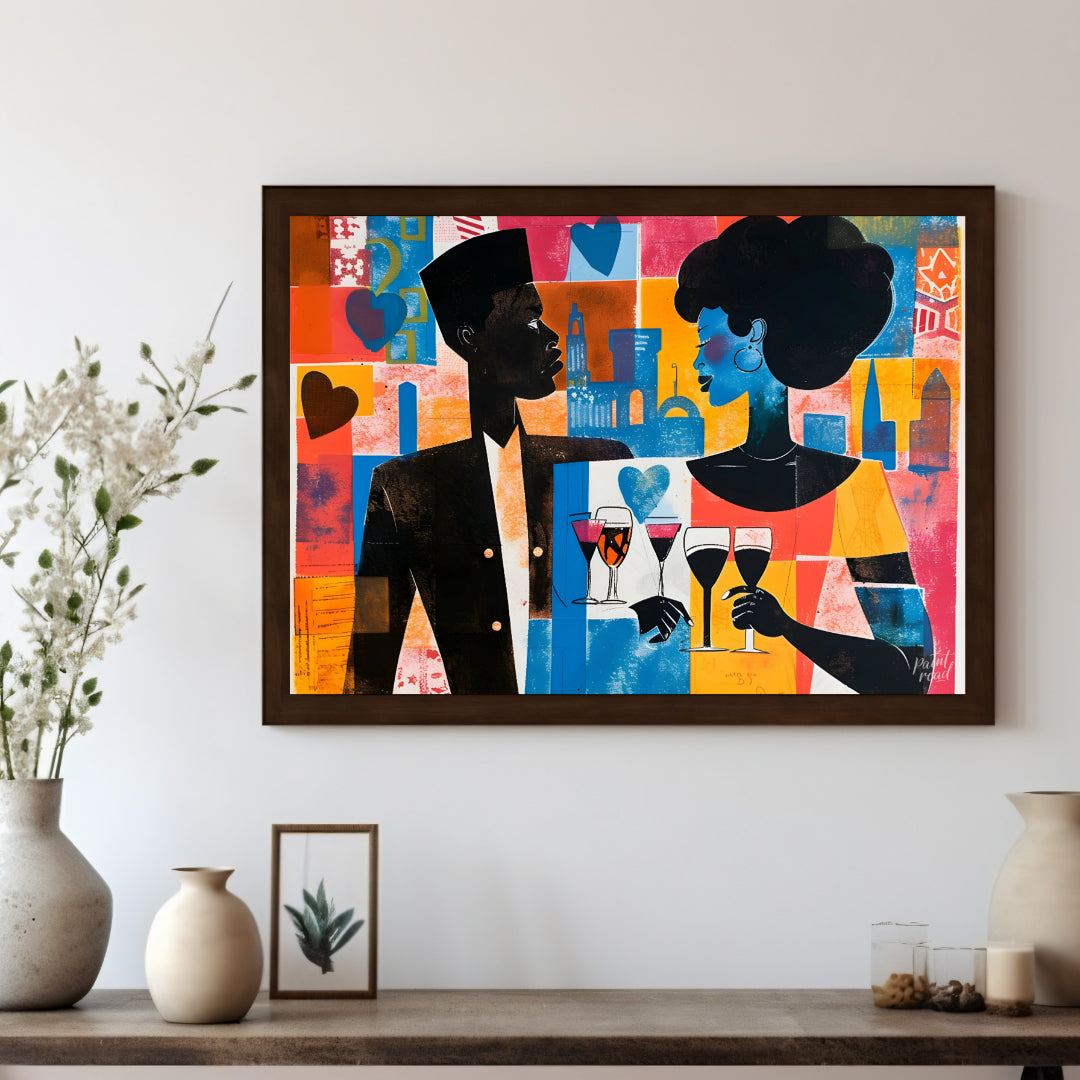 A vibrant and dynamic artwork depicting a couple enjoying a romantic evening in a bustling city. Th… for living room
