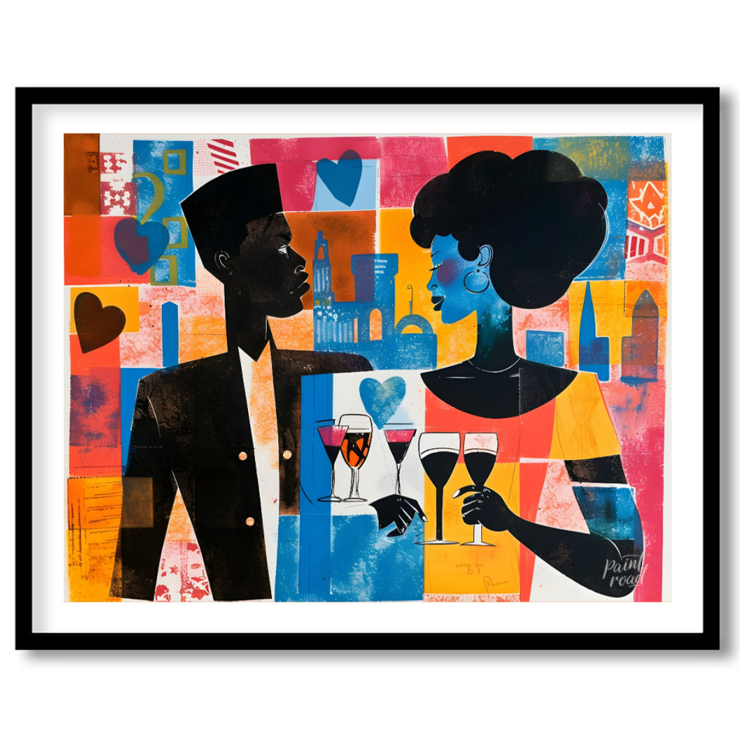 A vibrant and dynamic artwork depicting a couple enjoying a romantic evening in a bustling city. Th… for place