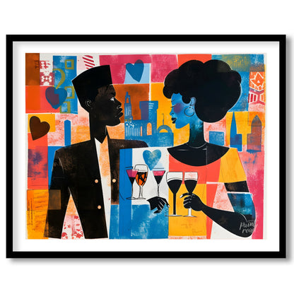A vibrant and dynamic artwork depicting a couple enjoying a romantic evening in a bustling city. Th… for place