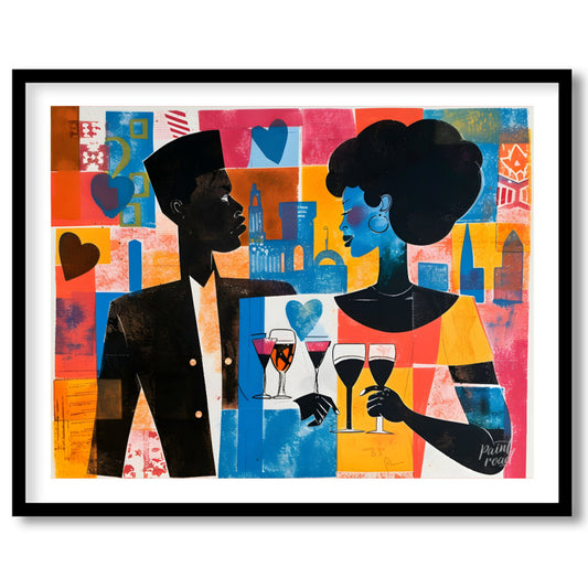 A vibrant and dynamic artwork depicting a couple enjoying a romantic evening in a bustling city. Th… for place