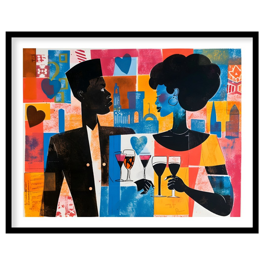 A vibrant and dynamic artwork depicting a couple enjoying a romantic evening in a bustling city. Th… for place