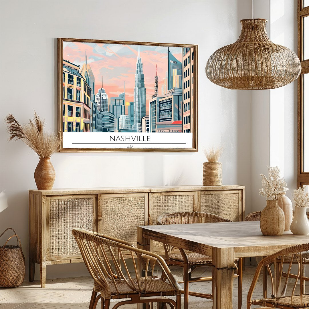 Immerse yourself in the vibrant energy of Nashville with this stunning cityscape artwork. Capturing for Dining