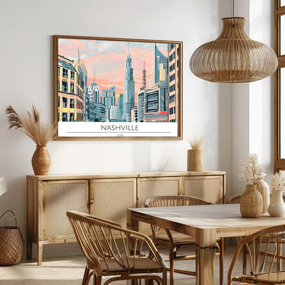Immerse yourself in the vibrant energy of Nashville with this stunning cityscape artwork. Capturing for Dining