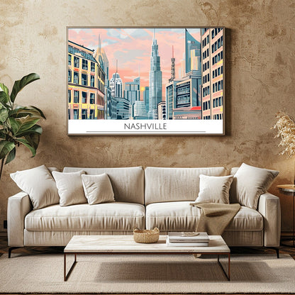 Immerse yourself in the vibrant energy of Nashville with this stunning cityscape artwork. Capturing for Family Room