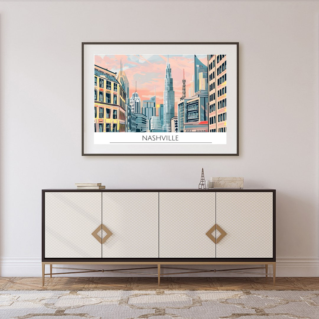 Immerse yourself in the vibrant energy of Nashville with this stunning cityscape artwork. Capturing for Foyer