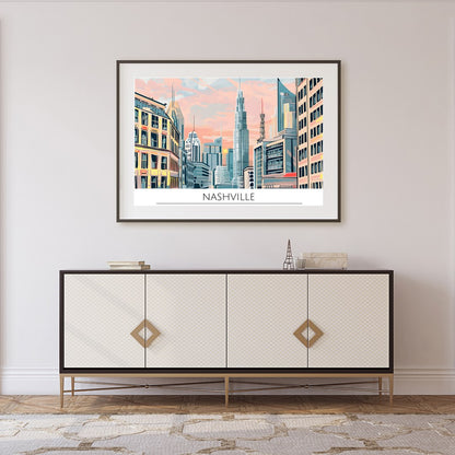 Immerse yourself in the vibrant energy of Nashville with this stunning cityscape artwork. Capturing for Foyer