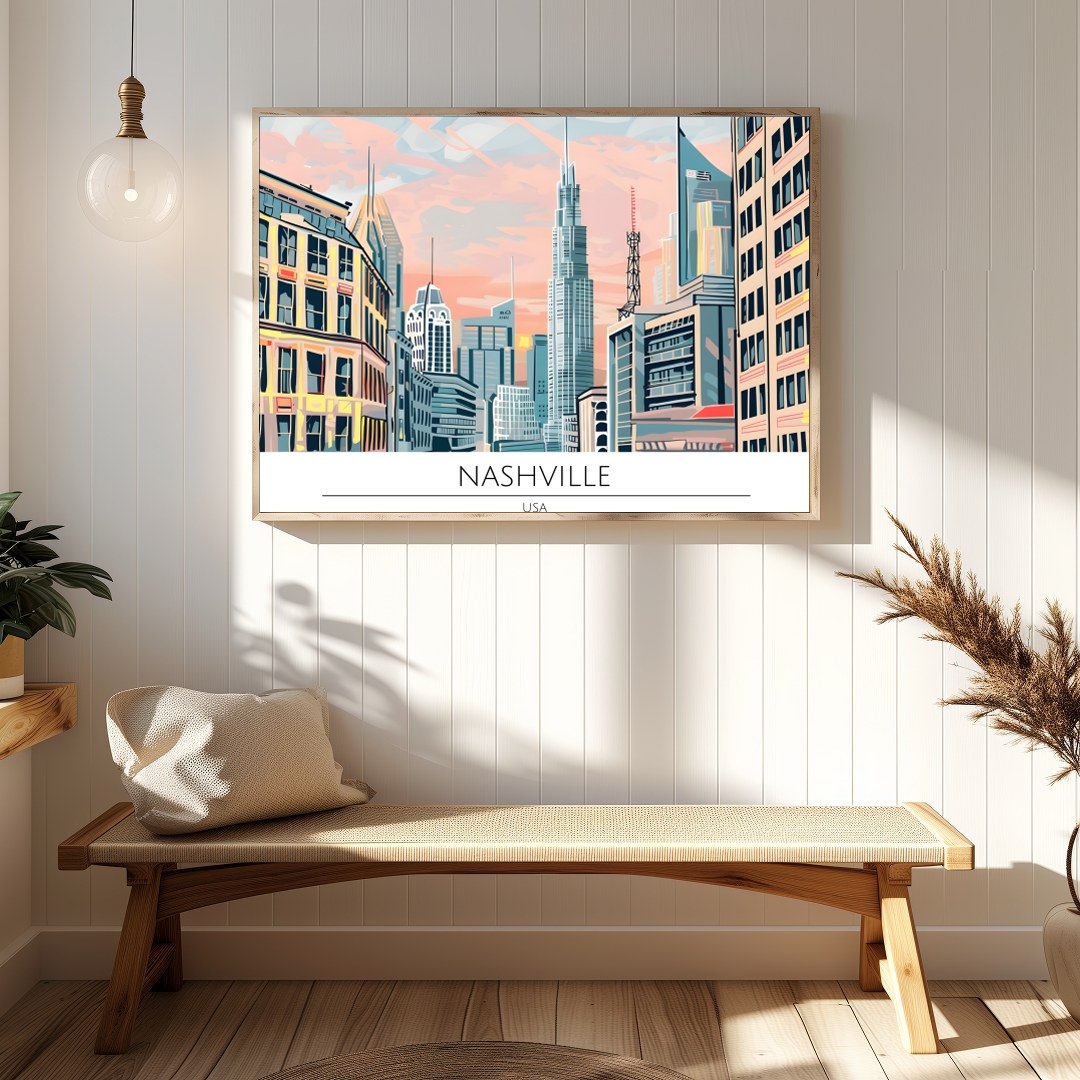 Immerse yourself in the vibrant energy of Nashville with this stunning cityscape artwork. Capturing for Hallway