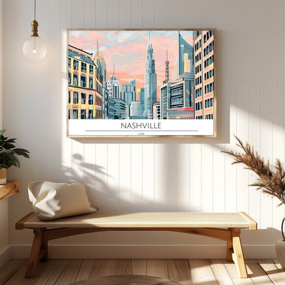 Immerse yourself in the vibrant energy of Nashville with this stunning cityscape artwork. Capturing for Hallway