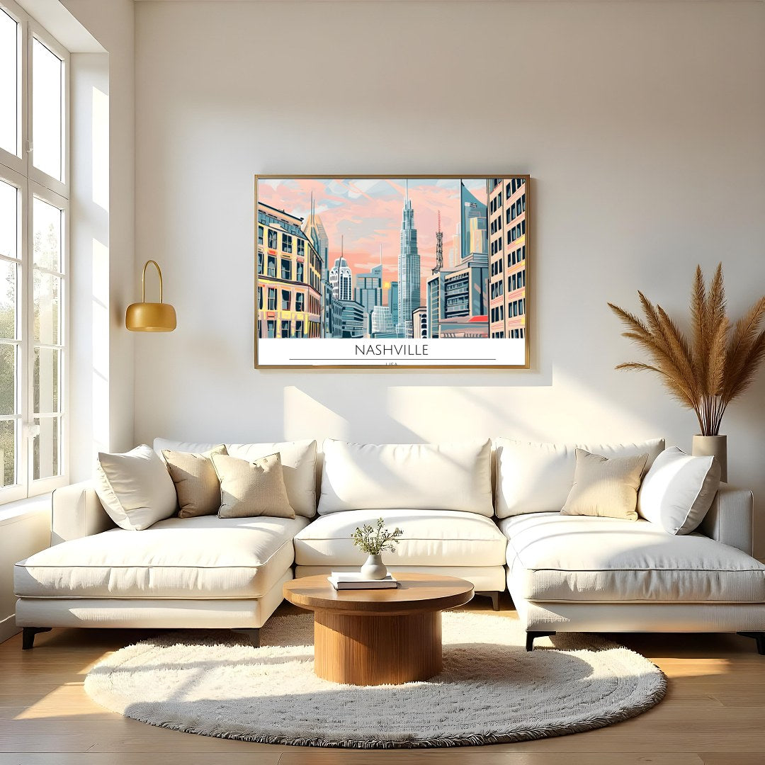Immerse yourself in the vibrant energy of Nashville with this stunning cityscape artwork. Capturing for Living Room