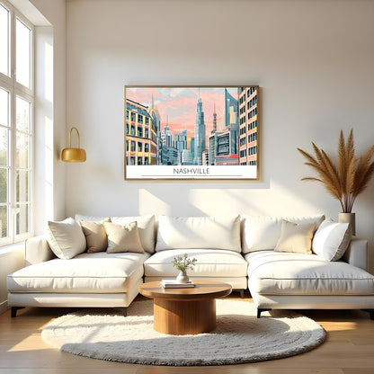 Immerse yourself in the vibrant energy of Nashville with this stunning cityscape artwork. Capturing for Living Room