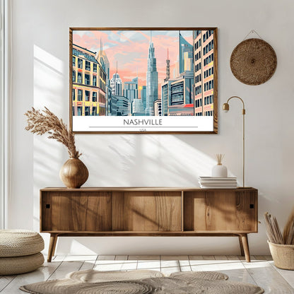 Immerse yourself in the vibrant energy of Nashville with this stunning cityscape artwork. Capturing for Sitting Area