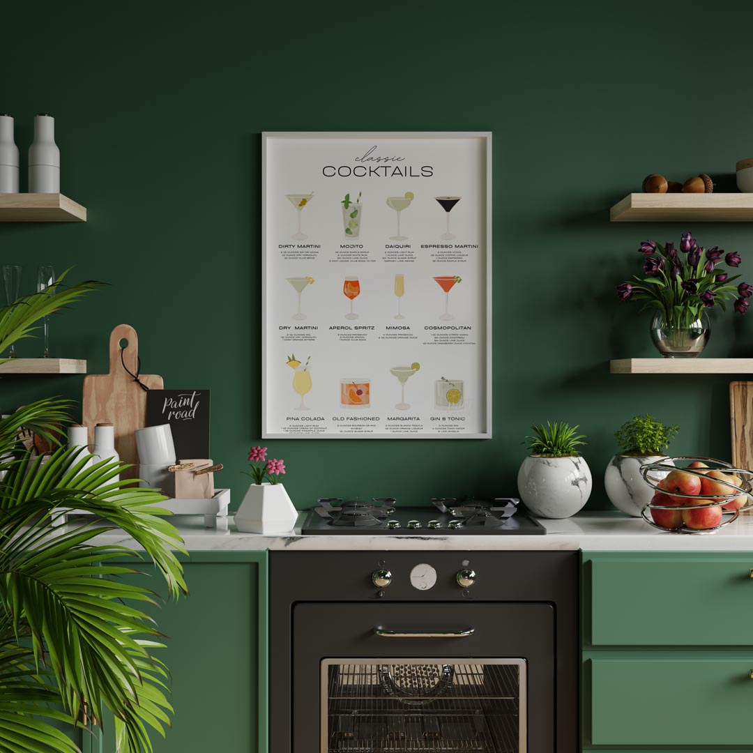 This comprehensive poster offers a stylish and organized guide to ten popular "Classic Cocktails." … for kitchen