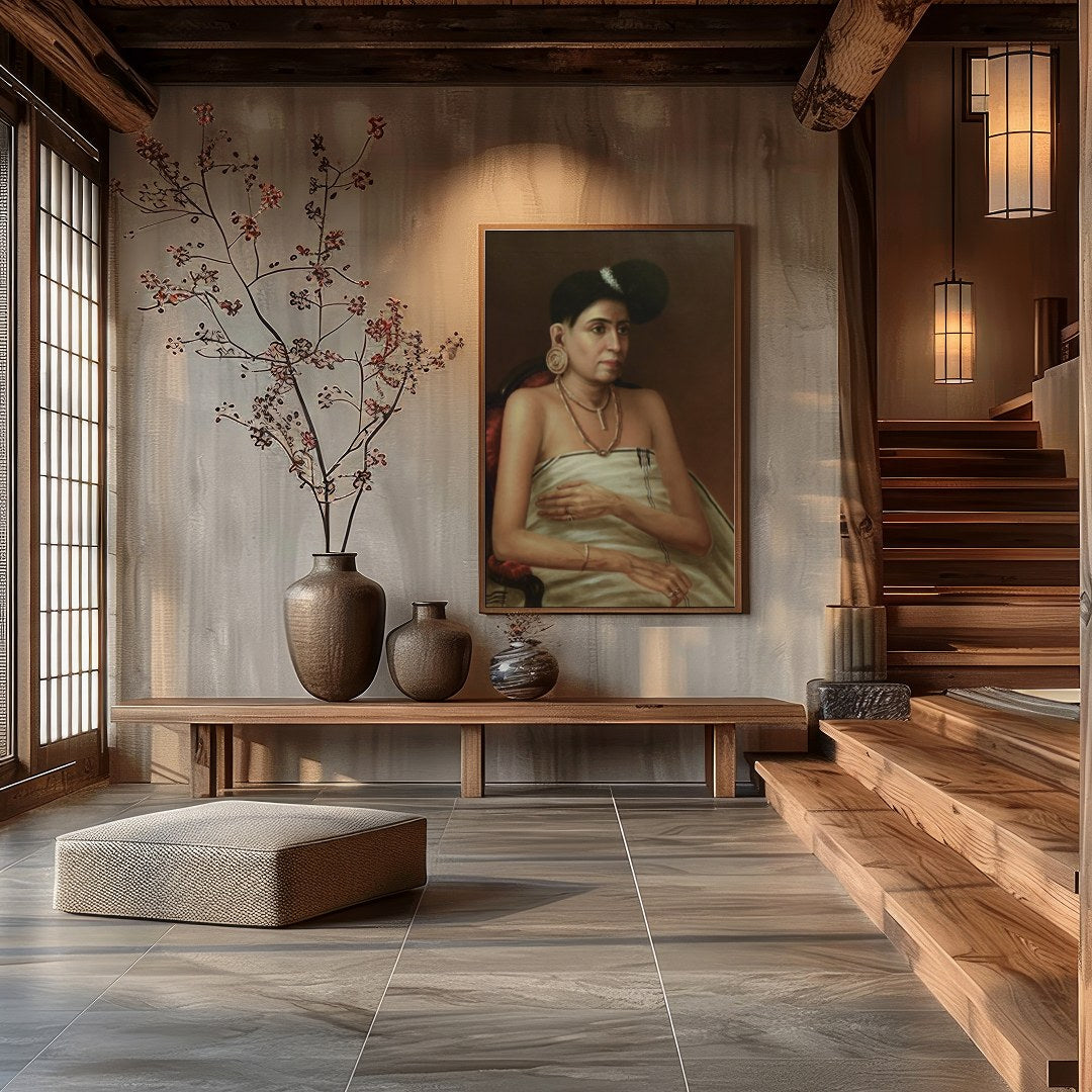 Dive into the sophistication of classic portraiture with this stunning piece. Capturing the grace for Hall