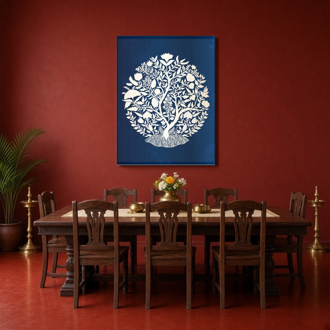 Immerse yourself in the elegance of Mughal artistry with this exquisite depiction of the Tree of for Dining