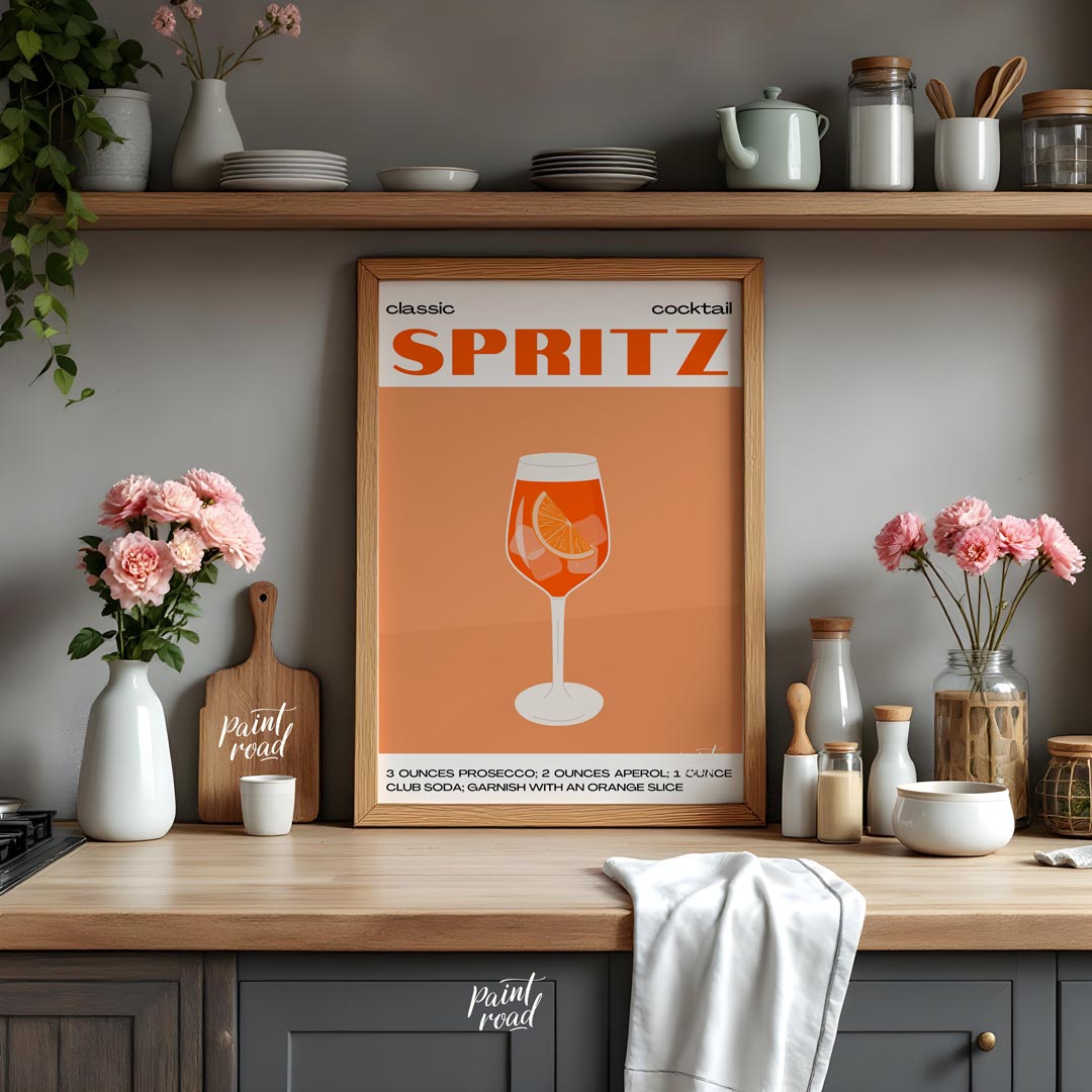 This crisp and inviting poster celebrates the timeless "classic cocktail" Spritz, depicted with a w… for kitchen