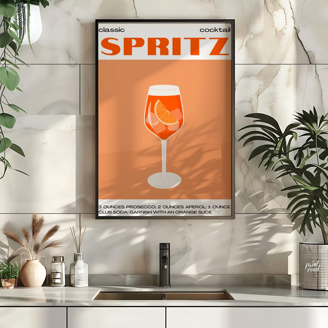 This crisp and inviting poster celebrates the timeless "classic cocktail" Spritz, depicted with a w… for kitchen