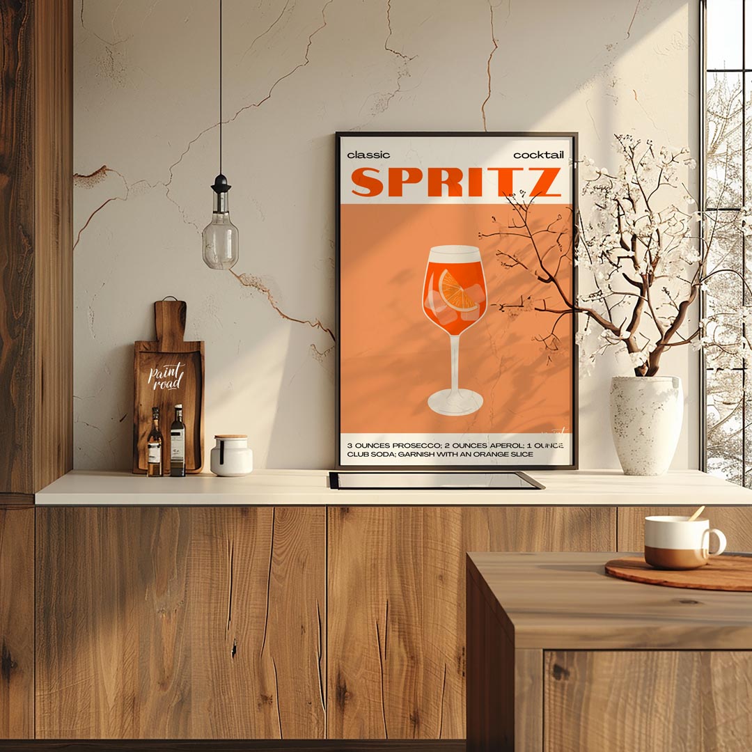 This crisp and inviting poster celebrates the timeless "classic cocktail" Spritz, depicted with a w… for kitchen