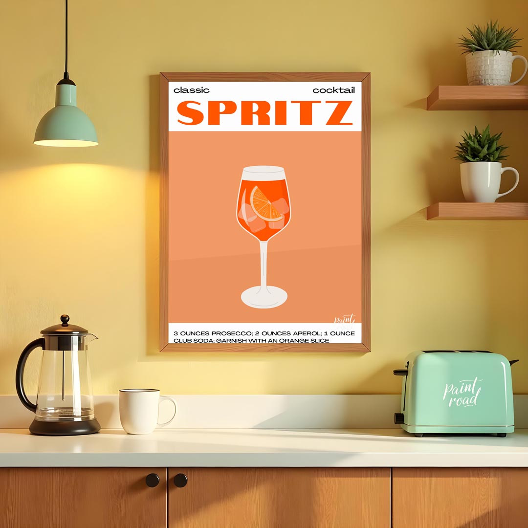 This crisp and inviting poster celebrates the timeless "classic cocktail" Spritz, depicted with a w… for kitchen