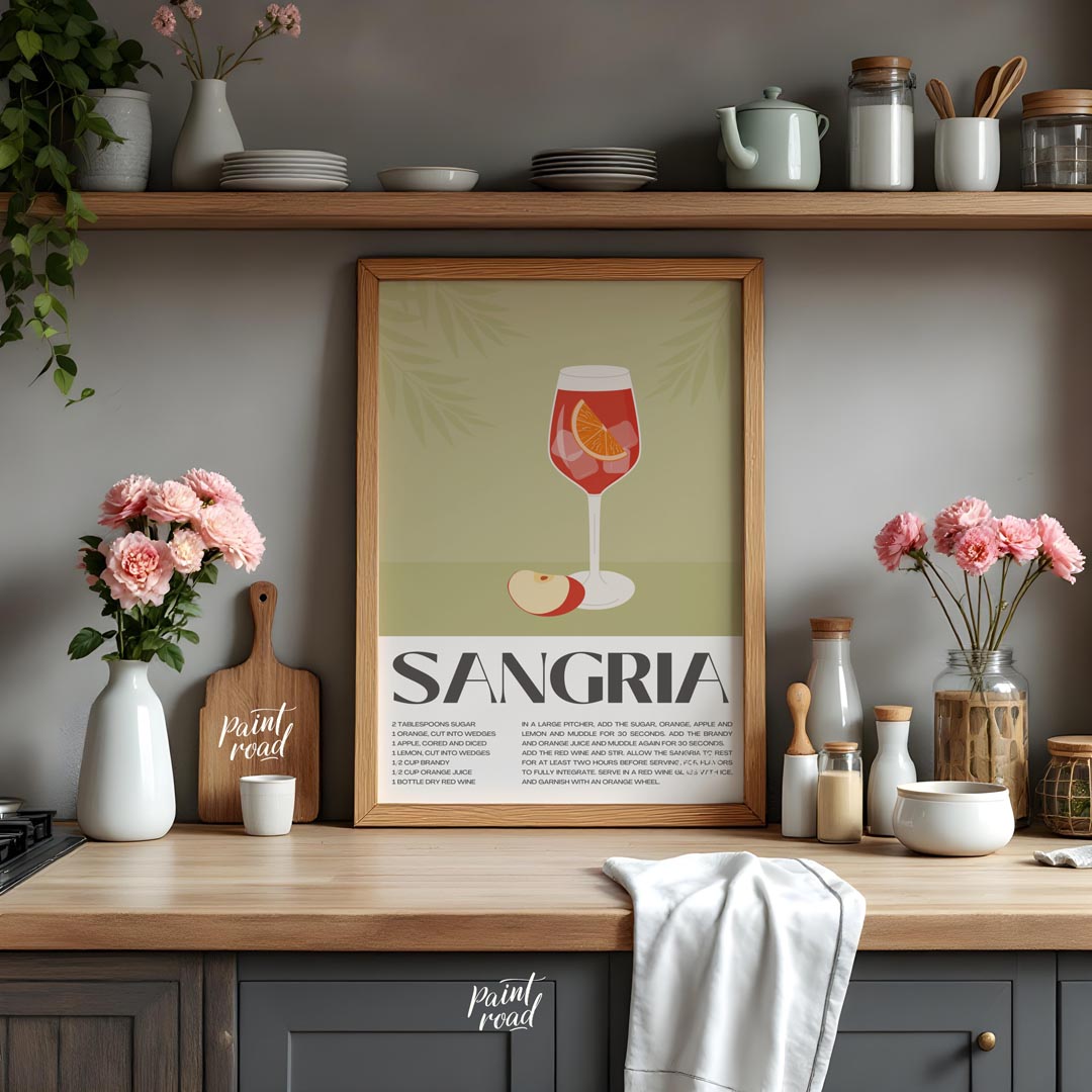 This elegant and inviting poster showcases a vibrant illustration of a glass of Sangria, complete w… for kitchen