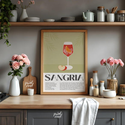 This elegant and inviting poster showcases a vibrant illustration of a glass of Sangria, complete w… for kitchen
